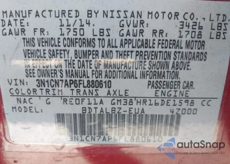 2015 Nissan Versa 1.6 S/1.6 S+/1.6 Sl/1.6 Sv from USA, damaged, VIN 3N1CN7AP6FL880610